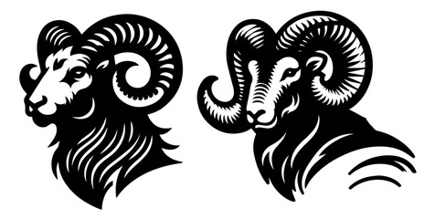 majestic ram head logo featuring intricate horn details – black vector © Luka