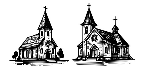 hand-drawn church buildings set – vintage black sketch style