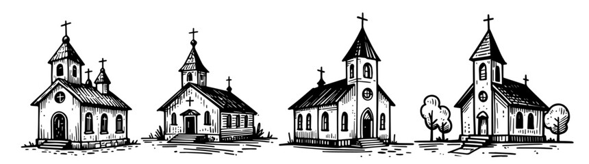 vintage church illustrations set – black vector sketch of historical chapels