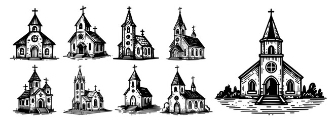 set of vintage church illustrations – classic architectural line art black vector