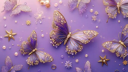 A stunning display of shimmering butterflies in shades of amethyst purple and gold, set against a gradient background that shifts from royal purple to soft lavender. 