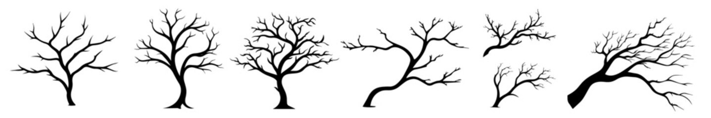 minimalist collection of leafless tree silhouettes – black vector