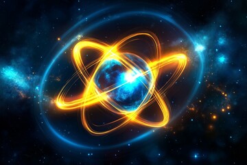 Obraz premium Glowing Atomic Model Showcasing Dynamic Energy, Light Orbits, and Cosmic Inspiration for Physics and Molecular Research, Generative AI