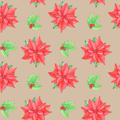Christmas and New Year seamless pattern: poinsettia, mistletoe, holly isolated on beige. Winter watercolor background for wrapping, paper, textile print, presents, cards, holiday, decoration design