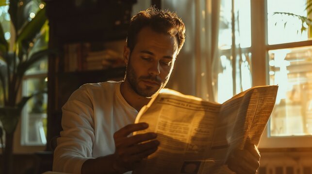 Young man in white sweater reading newspaper during golden hour at home. Warm sunlight through window creates cozy atmosphere. Modern lifestyle moment of mindful morning routine