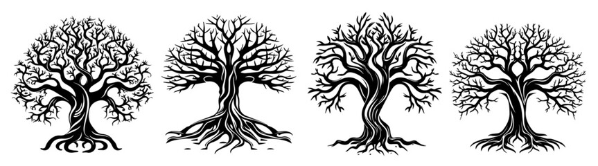set of intricate tree silhouettes with roots in black vector