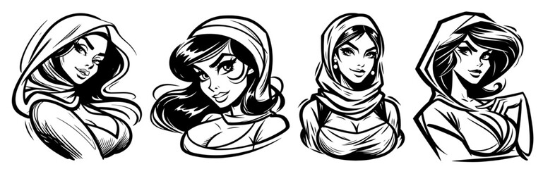 vintage style female characters in scarves illustration black vector