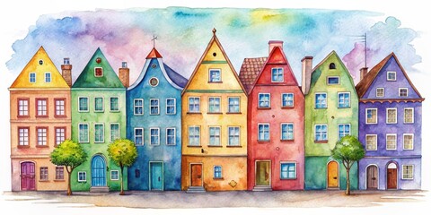 Obraz premium Watercolor Painting of a Row of Colorful Houses with a Cloudy Sky