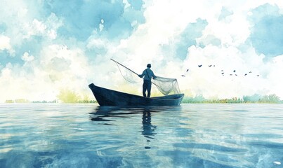 Fototapeta premium Watercolor fisherman casting a net from a boat, natural and serene, 3D illustration