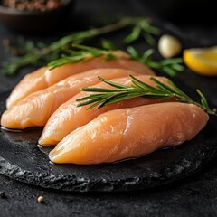 Fresh chicken fillets glistening on a slate plate, garnished with herbs and lemon, ideal for culinary creations.