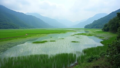 Fototapeta premium Tranquil river meandering through lush green landscape