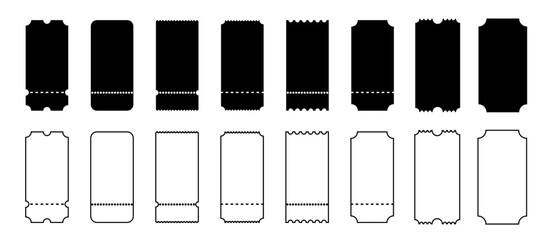 Tickets mockup for cinema. Set of tickets template of different forms. Coupon icons on white background.