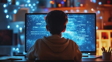 A child sits in front of a glowing computer screen, immersed in digital coding or gaming.