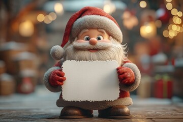Santa Claus is holding a blank poster in his hands with space for text or inscription, advertising, announcement. Christmas card design template with Santa Claus. New Year and Christmas banner.