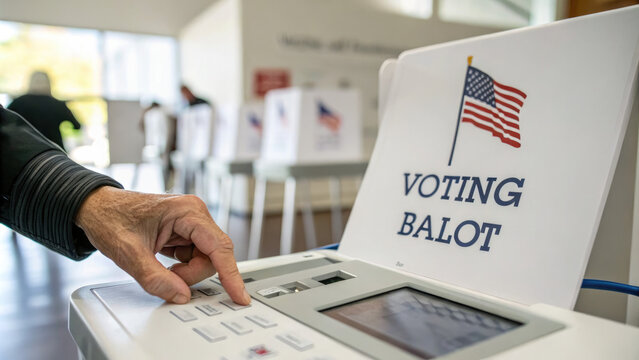 Hand pressing voting ballot button on electronic voting machine in modern polling station, highlighting democratic process and civic duty.