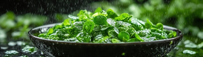 Fresh mint leaves in a black bowl, glistening with water droplets, perfect for culinary uses or as a vibrant garnish.