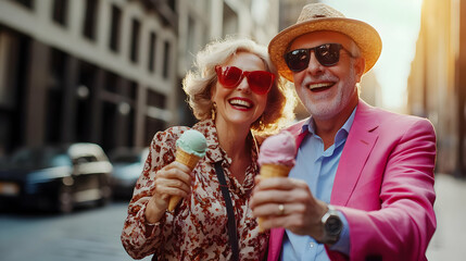 Happy Senior Couple Enjoying Ice Cream in City Street Photo