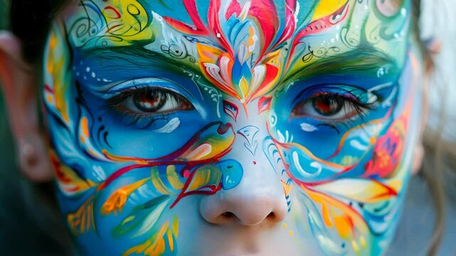 Face-painting creating fantastical colorful patterns on the face of a girl