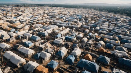 An aerial view of a sprawling refugee camp, a vast expanse of white and blue tents stretching out as far as the eye can see.