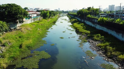 Obraz premium A serene river scene with lush greenery along the banks and city buildings in the background, reflecting urban nature and tranquility.