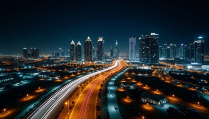 Obraz premium Vibrant cityscape at night illuminated by bright lights and bustling traffic