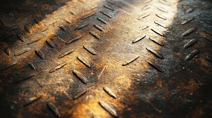 Fototapeta premium Expansive worn metal floor, raised diamond tread patterns, factory setting, scuff marks and texture visible, soft ambient light from above, landscape view