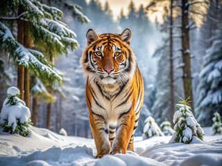 Obraz premium Majestic Bengal Tiger in Snowy Forest - Drone Aerial View