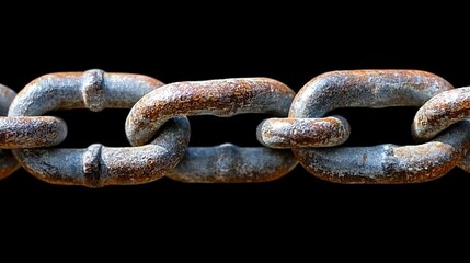 Fototapeta premium Heavy Metal Chain Close Up of Rusty Links, Isolated on Black, Industrial Strength and Durability