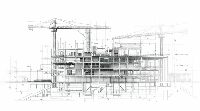 Architectural blueprint of a construction site with cranes and structural details.