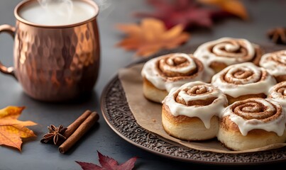 steaming chai tea in a copper mug and freshly baked cinnamon rolls, Generative AI 