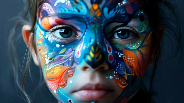 Painted colorful patterns on the face of a girl