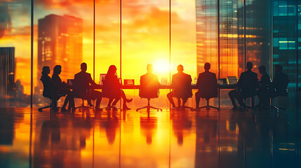 Silhouettes of People in a Meeting Room with a Sunset View