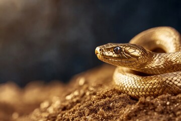 Obraz premium A close-up of a golden snake resting on the dark soil.