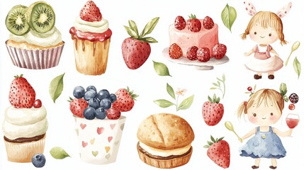 Watercolor Illustration Set   Adorable Girl  Cupcakes  Strawberries  Kiwi  Cake  and More