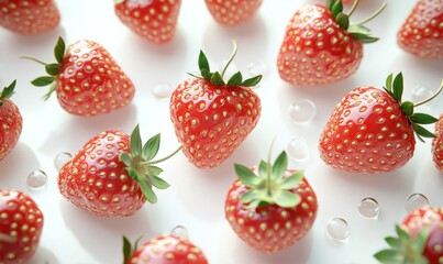 Watercolor strawberries with delicate seeds and green tops, vibrant against white, 3D illustration