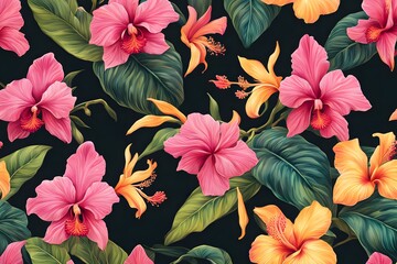 Tropical orchid and hibiscus pattern in vibrant pinks yellows and greens on a dark background, Ai Generated