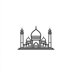 A simple line drawing of a mosque with two minarets and a central dome, set against a white background.