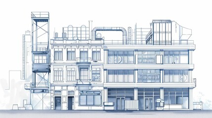 A detailed architectural illustration of a modern building alongside a historic structure.