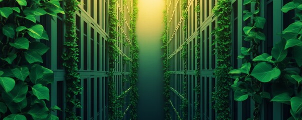 A serene passageway lined with lush green vines and light.