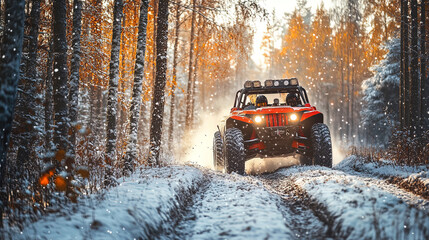 UTV Traversing Snowy Path Amidst Autumn-Colored Trees, Snowfall Adding to the Serene Scene