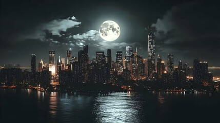 Fototapeta premium Night Cityscape with Full Moon Illustration