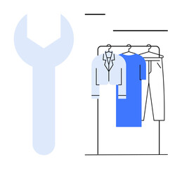 Light blue wrench next to a wardrobe with hanging clothes including a shirt, jacket, and pants. Ideal for repair services, tailoring, fashion maintenance, DIY, clothing care, service promotion