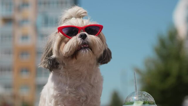Shih Tzu dog in red sunglasses sitting outdoors on a sunny day with a cold drink beside. Blurred city in the background