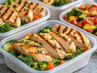 Healthy meal prep containers with grilled chicken, broccoli, and carrots, showcasing nutritious and balanced diet. Perfect for fitness enthusiasts and meal planners