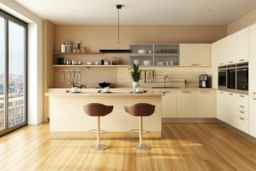 Modern Kitchen Interior with Island  Bar Stools and City View
