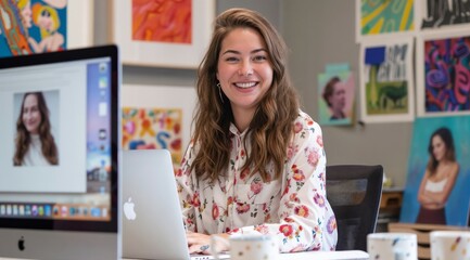 Creative professional smiles warmly while working in artistic studio space. Young woman in floral blouse at iMac computer surrounded by colorful artwork showcases modern digital artist lifestyle