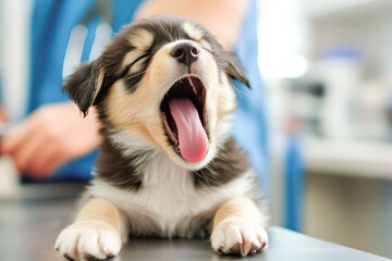Adorable puppy yawning during a veterinary visit, showcasing innocence, comfort, and professional care in a clinic.