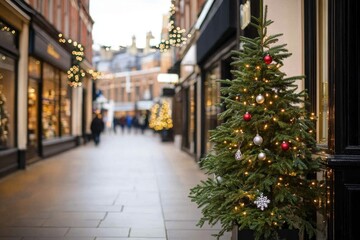 Fototapeta premium chrtistmas shopping street with decorations and blurred people. ai generated