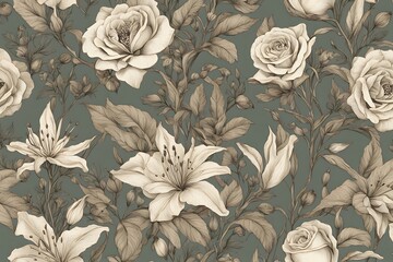 Vintage botanical floral pattern with hand sketched roses lilies and foliage in muted green, Ai Generated
