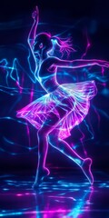 A woman in a neon pink tutu is dancing on a stage. The image is a representation of a ballet dancer performing on a stage. The bright colors and the woman's graceful movements create a sense of energy